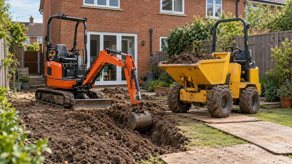 Mini digger and high-tip dumper on a back-garden dig, with boards laid to protect the lawn